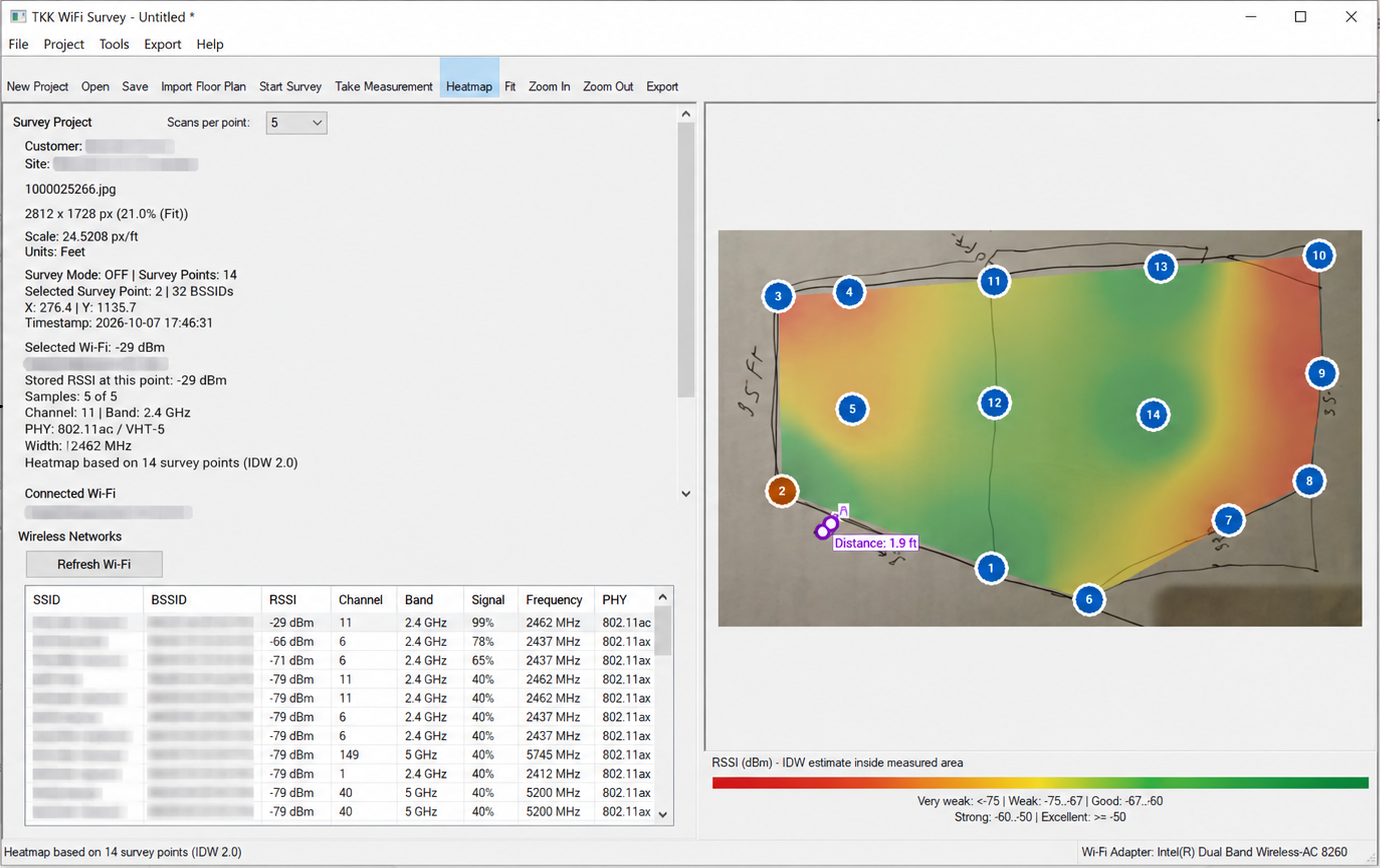 TKK WiFi Survey heatmap showing measured Wi-Fi signal strength across a floor plan